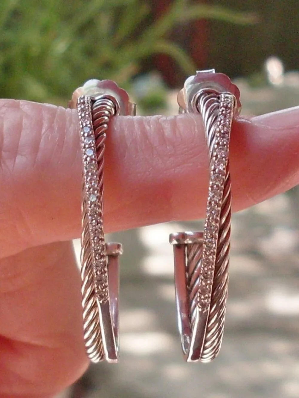 Retired - David Yurman Diamond Crossover Hoop Earrings - 1.5 inches - DY Backs